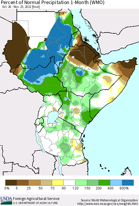 Eastern Africa Percent of Normal Precipitation 1-Month (WMO) Thematic Map For 10/26/2022 - 11/25/2022
