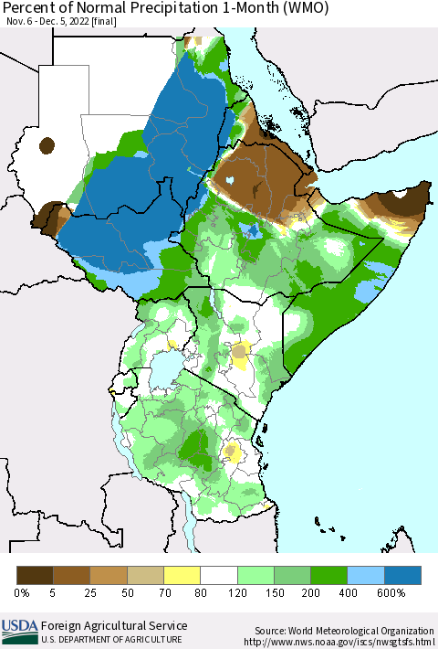 Eastern Africa Percent of Normal Precipitation 1-Month (WMO) Thematic Map For 11/6/2022 - 12/5/2022