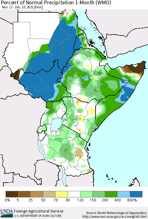 Eastern Africa Percent of Normal Precipitation 1-Month (WMO) Thematic Map For 11/11/2022 - 12/10/2022