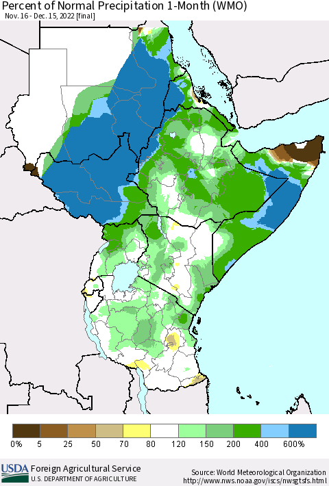 Eastern Africa Percent of Normal Precipitation 1-Month (WMO) Thematic Map For 11/16/2022 - 12/15/2022