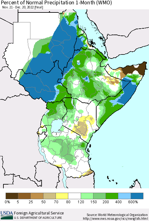 Eastern Africa Percent of Normal Precipitation 1-Month (WMO) Thematic Map For 11/21/2022 - 12/20/2022