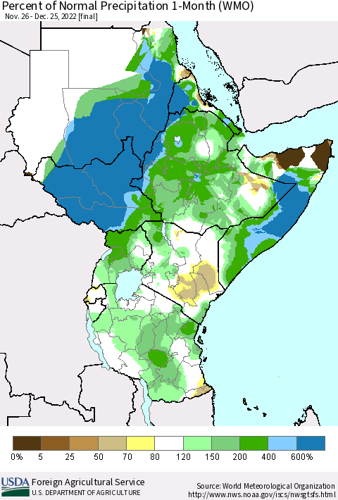 Eastern Africa Percent of Normal Precipitation 1-Month (WMO) Thematic Map For 11/26/2022 - 12/25/2022
