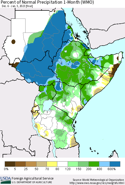 Eastern Africa Percent of Normal Precipitation 1-Month (WMO) Thematic Map For 12/6/2022 - 1/5/2023