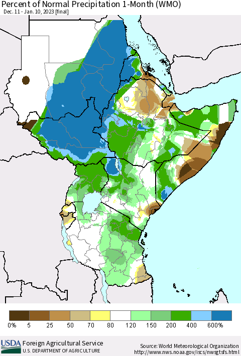 Eastern Africa Percent of Normal Precipitation 1-Month (WMO) Thematic Map For 12/11/2022 - 1/10/2023
