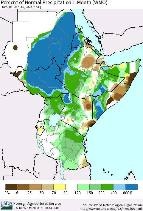 Eastern Africa Percent of Normal Precipitation 1-Month (WMO) Thematic Map For 12/16/2022 - 1/15/2023