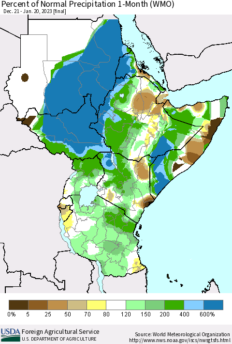 Eastern Africa Percent of Normal Precipitation 1-Month (WMO) Thematic Map For 12/21/2022 - 1/20/2023