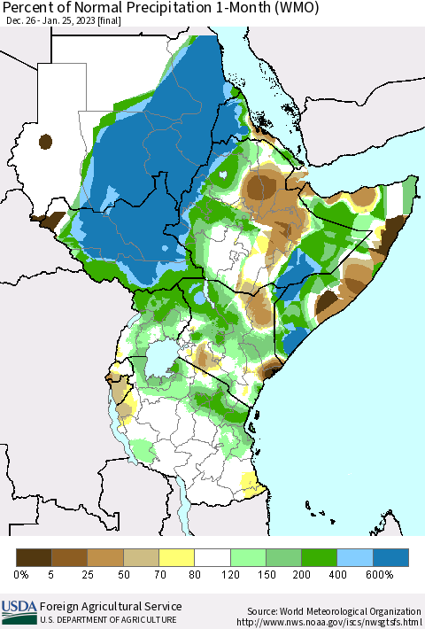 Eastern Africa Percent of Normal Precipitation 1-Month (WMO) Thematic Map For 12/26/2022 - 1/25/2023