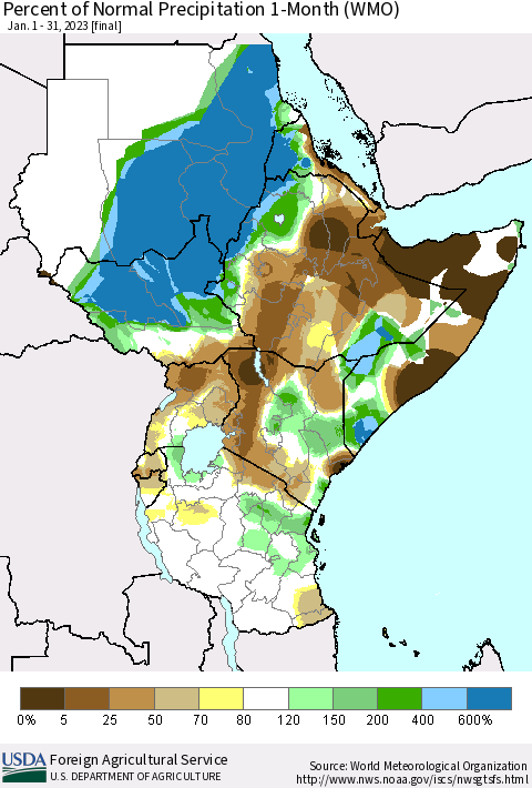 Eastern Africa Percent of Normal Precipitation 1-Month (WMO) Thematic Map For 1/1/2023 - 1/31/2023