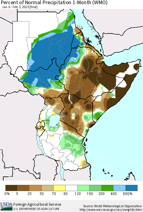 Eastern Africa Percent of Normal Precipitation 1-Month (WMO) Thematic Map For 1/6/2023 - 2/5/2023