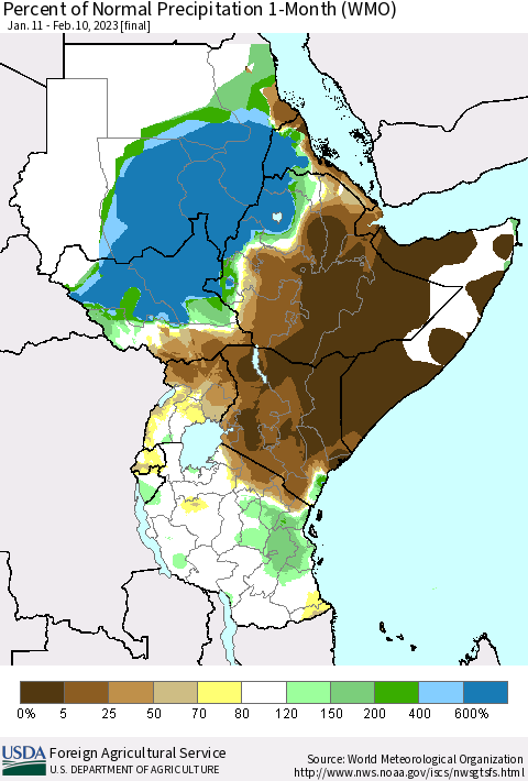 Eastern Africa Percent of Normal Precipitation 1-Month (WMO) Thematic Map For 1/11/2023 - 2/10/2023