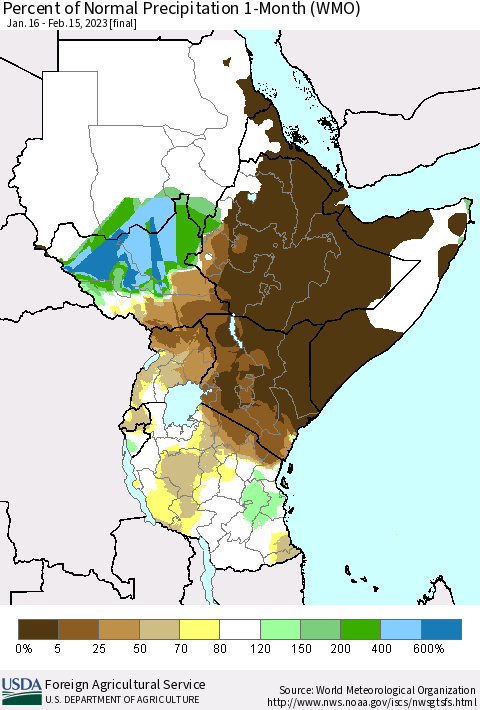Eastern Africa Percent of Normal Precipitation 1-Month (WMO) Thematic Map For 1/16/2023 - 2/15/2023