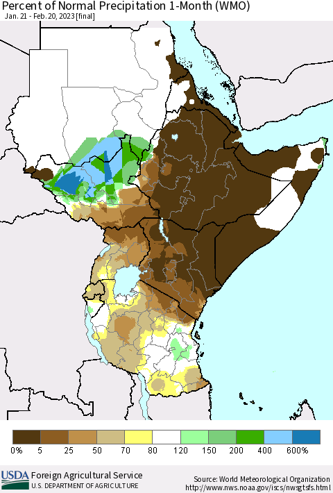 Eastern Africa Percent of Normal Precipitation 1-Month (WMO) Thematic Map For 1/21/2023 - 2/20/2023