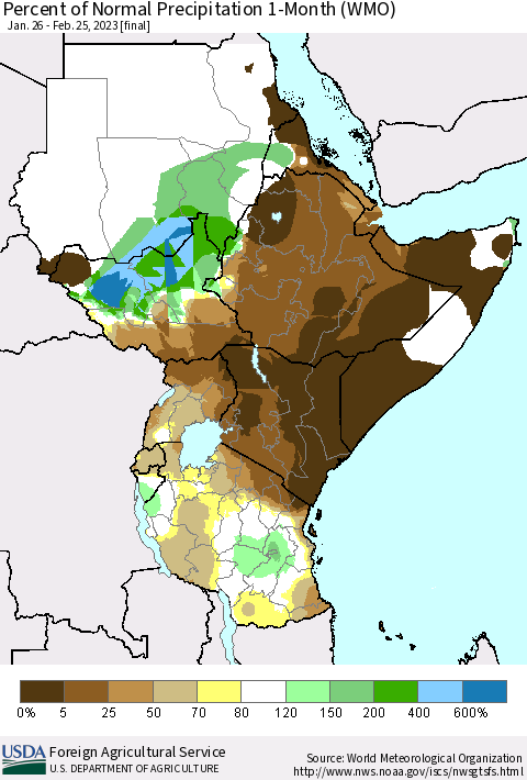 Eastern Africa Percent of Normal Precipitation 1-Month (WMO) Thematic Map For 1/26/2023 - 2/25/2023