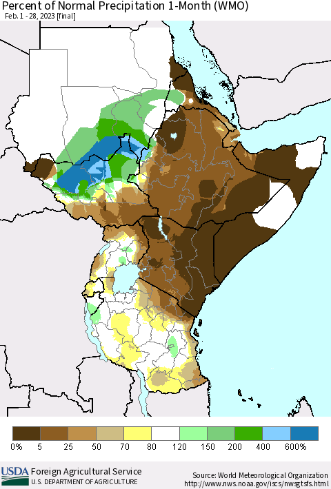 Eastern Africa Percent of Normal Precipitation 1-Month (WMO) Thematic Map For 2/1/2023 - 2/28/2023