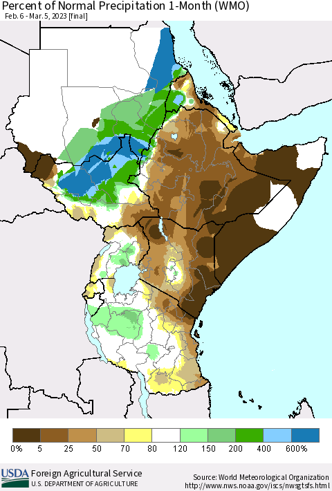 Eastern Africa Percent of Normal Precipitation 1-Month (WMO) Thematic Map For 2/6/2023 - 3/5/2023