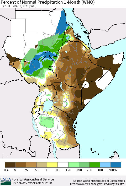 Eastern Africa Percent of Normal Precipitation 1-Month (WMO) Thematic Map For 2/11/2023 - 3/10/2023