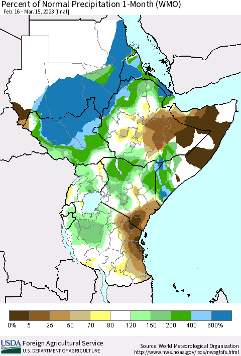 Eastern Africa Percent of Normal Precipitation 1-Month (WMO) Thematic Map For 2/16/2023 - 3/15/2023