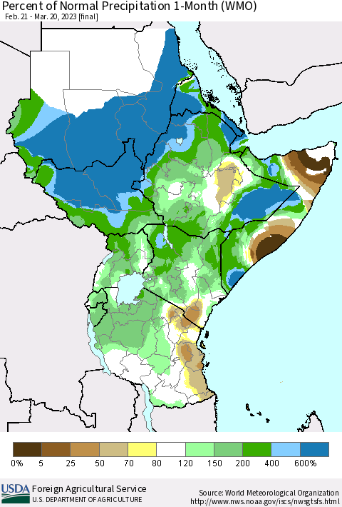 Eastern Africa Percent of Normal Precipitation 1-Month (WMO) Thematic Map For 2/21/2023 - 3/20/2023