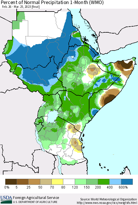 Eastern Africa Percent of Normal Precipitation 1-Month (WMO) Thematic Map For 2/26/2023 - 3/25/2023
