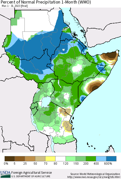 Eastern Africa Percent of Normal Precipitation 1-Month (WMO) Thematic Map For 3/1/2023 - 3/31/2023