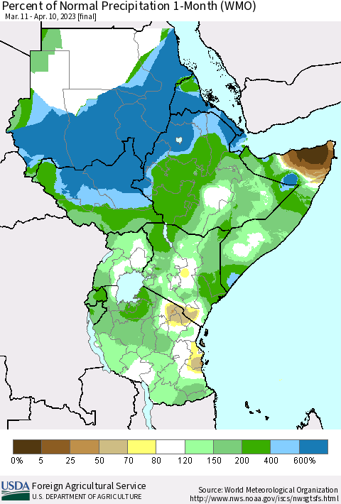 Eastern Africa Percent of Normal Precipitation 1-Month (WMO) Thematic Map For 3/11/2023 - 4/10/2023