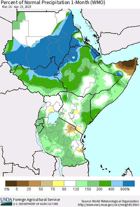 Eastern Africa Percent of Normal Precipitation 1-Month (WMO) Thematic Map For 3/16/2023 - 4/15/2023