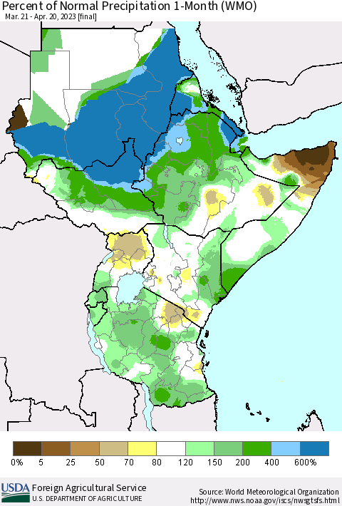Eastern Africa Percent of Normal Precipitation 1-Month (WMO) Thematic Map For 3/21/2023 - 4/20/2023