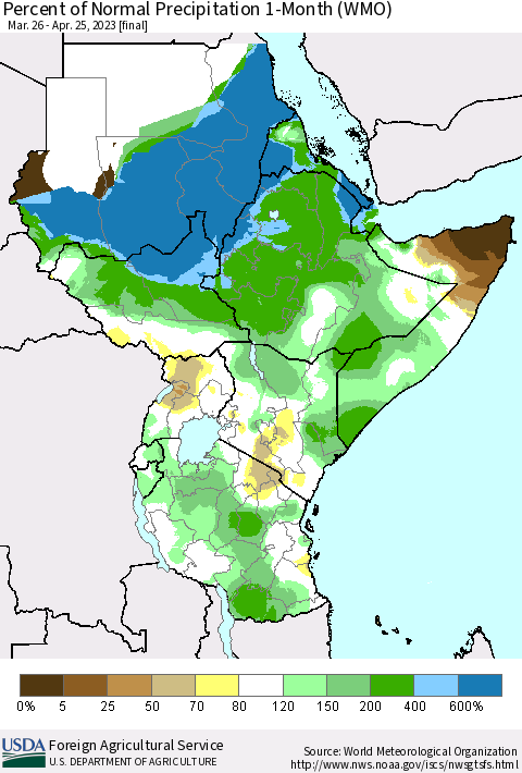 Eastern Africa Percent of Normal Precipitation 1-Month (WMO) Thematic Map For 3/26/2023 - 4/25/2023