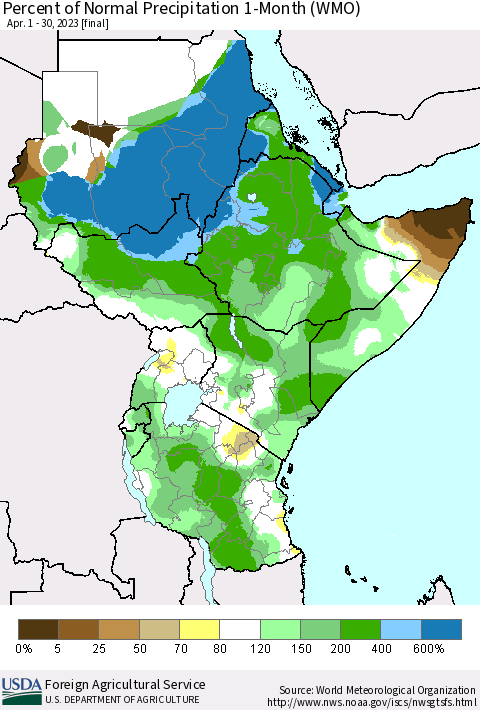 Eastern Africa Percent of Normal Precipitation 1-Month (WMO) Thematic Map For 4/1/2023 - 4/30/2023