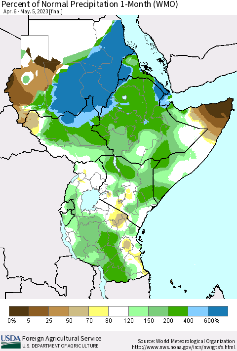 Eastern Africa Percent of Normal Precipitation 1-Month (WMO) Thematic Map For 4/6/2023 - 5/5/2023