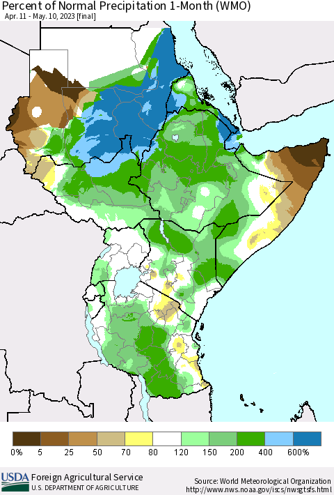 Eastern Africa Percent of Normal Precipitation 1-Month (WMO) Thematic Map For 4/11/2023 - 5/10/2023