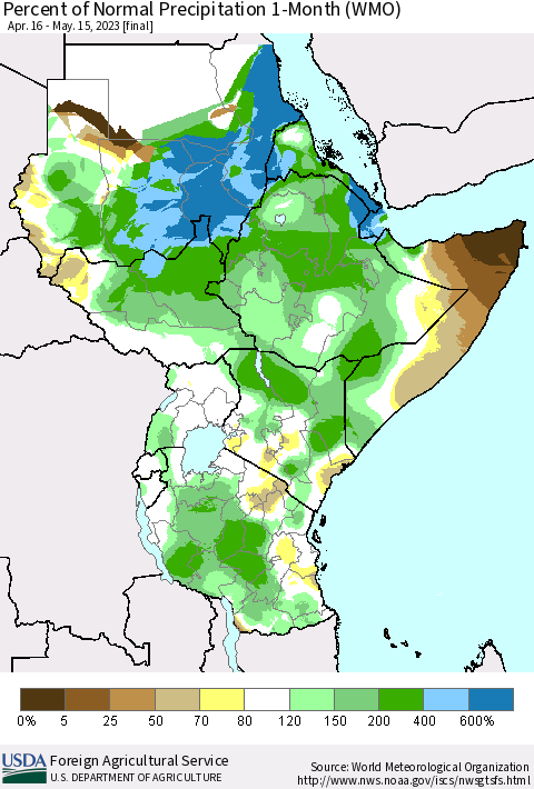 Eastern Africa Percent of Normal Precipitation 1-Month (WMO) Thematic Map For 4/16/2023 - 5/15/2023
