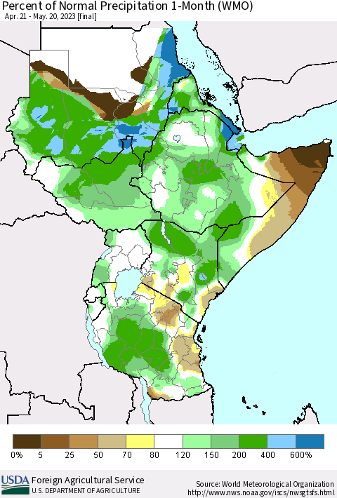 Eastern Africa Percent of Normal Precipitation 1-Month (WMO) Thematic Map For 4/21/2023 - 5/20/2023