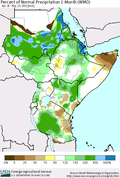 Eastern Africa Percent of Normal Precipitation 1-Month (WMO) Thematic Map For 4/26/2023 - 5/25/2023
