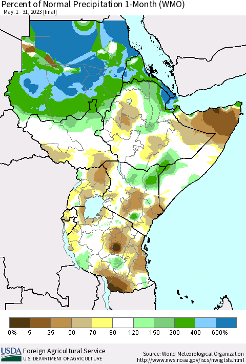 Eastern Africa Percent of Normal Precipitation 1-Month (WMO) Thematic Map For 5/1/2023 - 5/31/2023