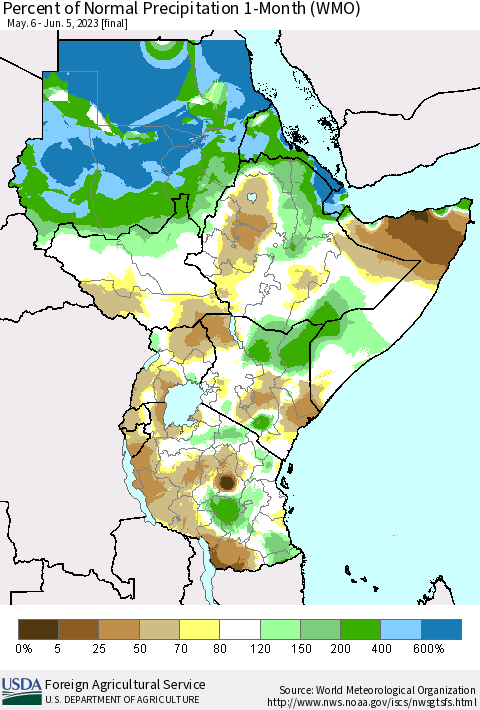 Eastern Africa Percent of Normal Precipitation 1-Month (WMO) Thematic Map For 5/6/2023 - 6/5/2023