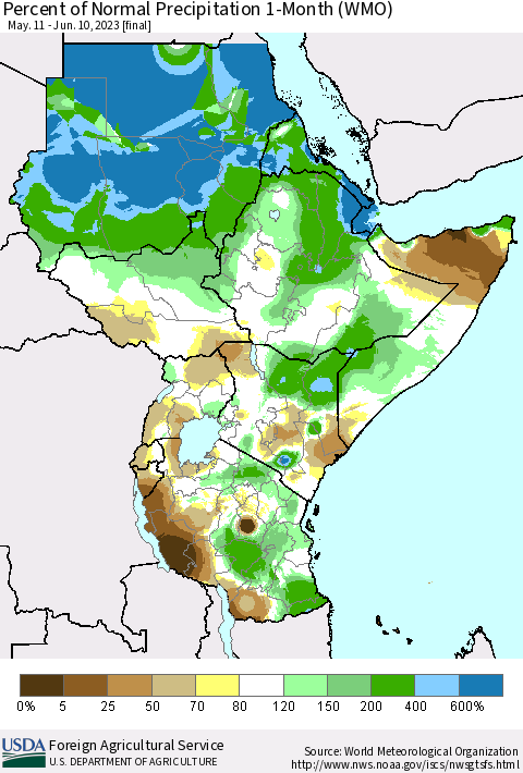 Eastern Africa Percent of Normal Precipitation 1-Month (WMO) Thematic Map For 5/11/2023 - 6/10/2023