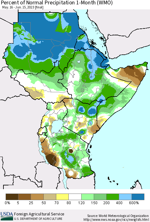 Eastern Africa Percent of Normal Precipitation 1-Month (WMO) Thematic Map For 5/16/2023 - 6/15/2023
