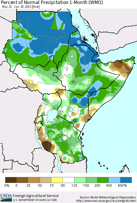 Eastern Africa Percent of Normal Precipitation 1-Month (WMO) Thematic Map For 5/21/2023 - 6/20/2023