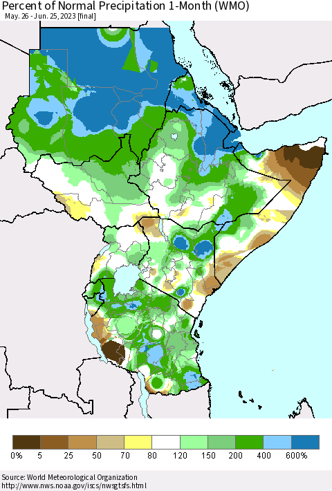 Eastern Africa Percent of Normal Precipitation 1-Month (WMO) Thematic Map For 5/26/2023 - 6/25/2023