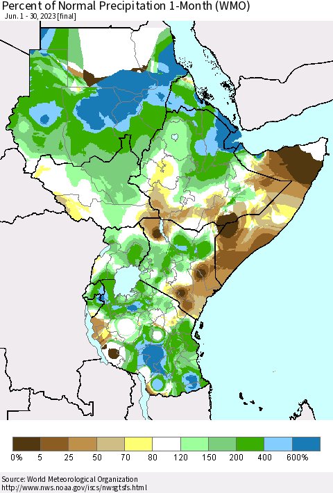 Eastern Africa Percent of Normal Precipitation 1-Month (WMO) Thematic Map For 6/1/2023 - 6/30/2023