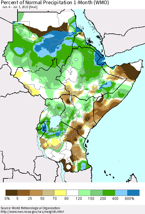 Eastern Africa Percent of Normal Precipitation 1-Month (WMO) Thematic Map For 6/6/2023 - 7/5/2023