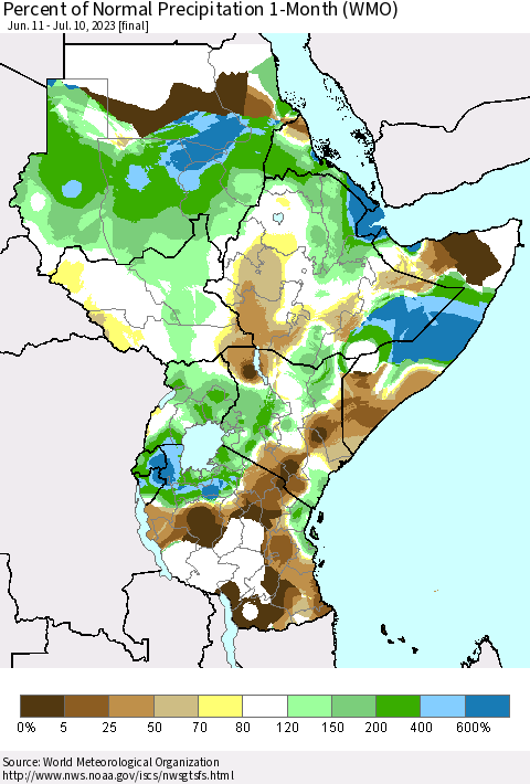 Eastern Africa Percent of Normal Precipitation 1-Month (WMO) Thematic Map For 6/11/2023 - 7/10/2023