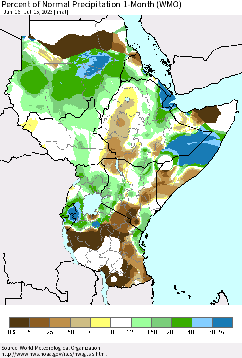 Eastern Africa Percent of Normal Precipitation 1-Month (WMO) Thematic Map For 6/16/2023 - 7/15/2023