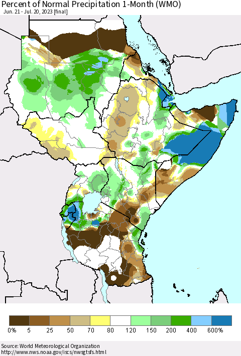 Eastern Africa Percent of Normal Precipitation 1-Month (WMO) Thematic Map For 6/21/2023 - 7/20/2023