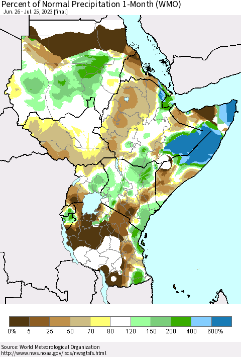 Eastern Africa Percent of Normal Precipitation 1-Month (WMO) Thematic Map For 6/26/2023 - 7/25/2023