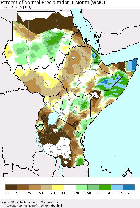 Eastern Africa Percent of Normal Precipitation 1-Month (WMO) Thematic Map For 7/1/2023 - 7/31/2023