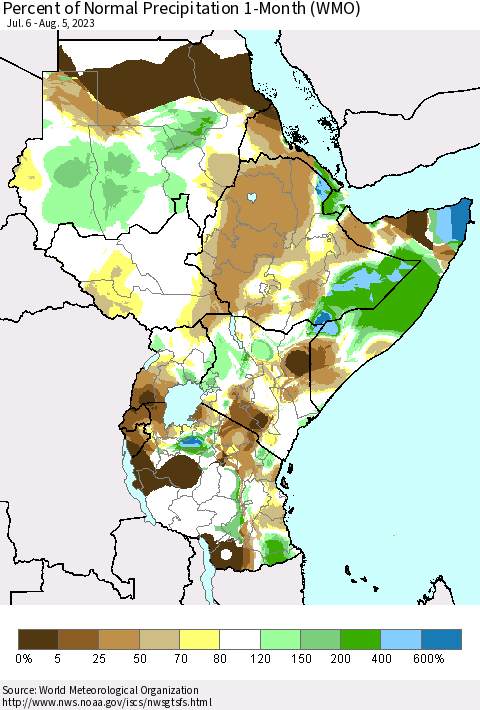 Eastern Africa Percent of Normal Precipitation 1-Month (WMO) Thematic Map For 7/6/2023 - 8/5/2023
