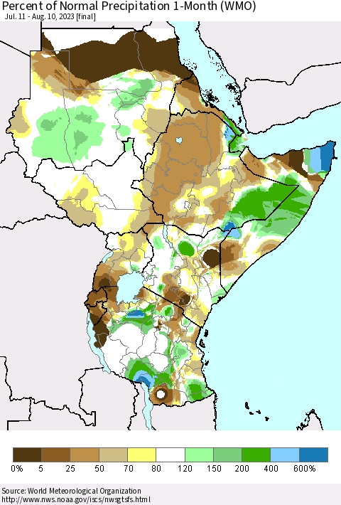 Eastern Africa Percent of Normal Precipitation 1-Month (WMO) Thematic Map For 7/11/2023 - 8/10/2023