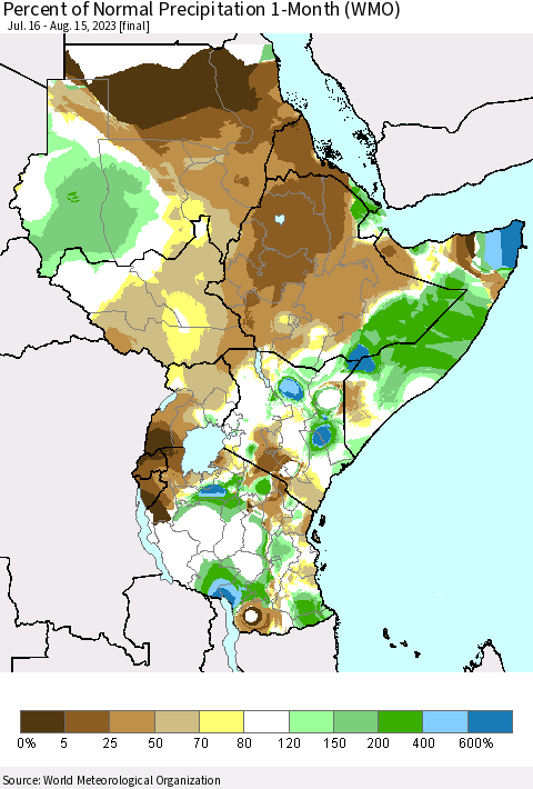 Eastern Africa Percent of Normal Precipitation 1-Month (WMO) Thematic Map For 7/16/2023 - 8/15/2023